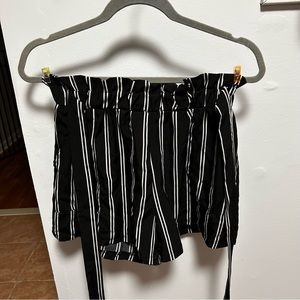 Black and white striped shorts with attached tie